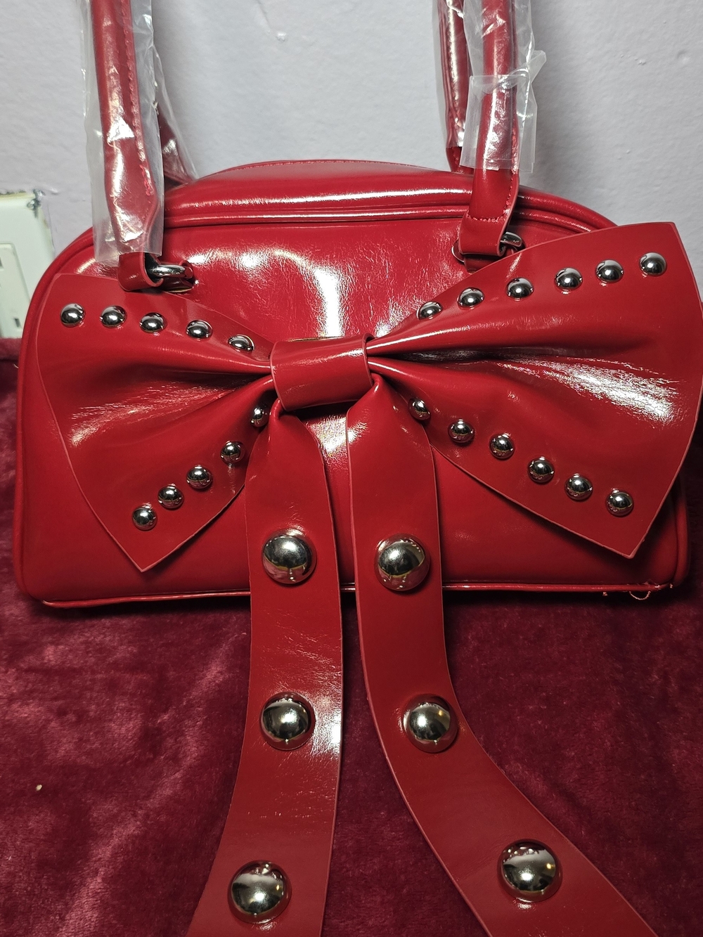 Red Studded Bow Shoulder Bag - Women